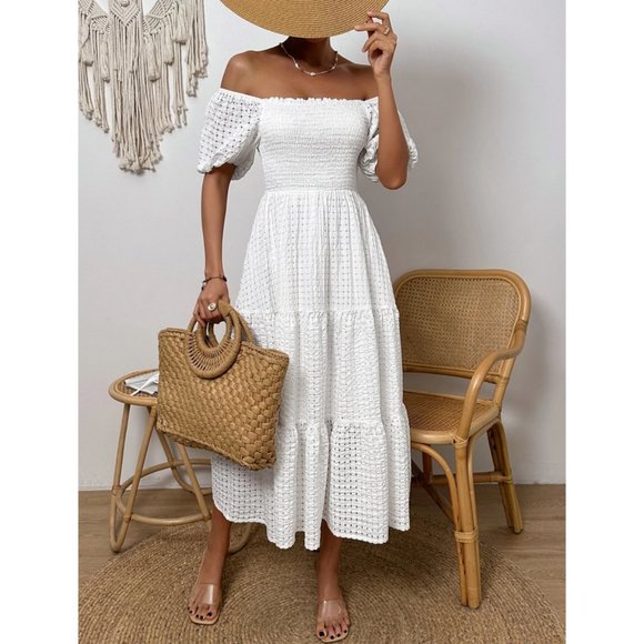White Boho Off Shoulder Shirred Detail Puff Sleeve Ruffle Hem Maxi Dress - Picture 2 of 7